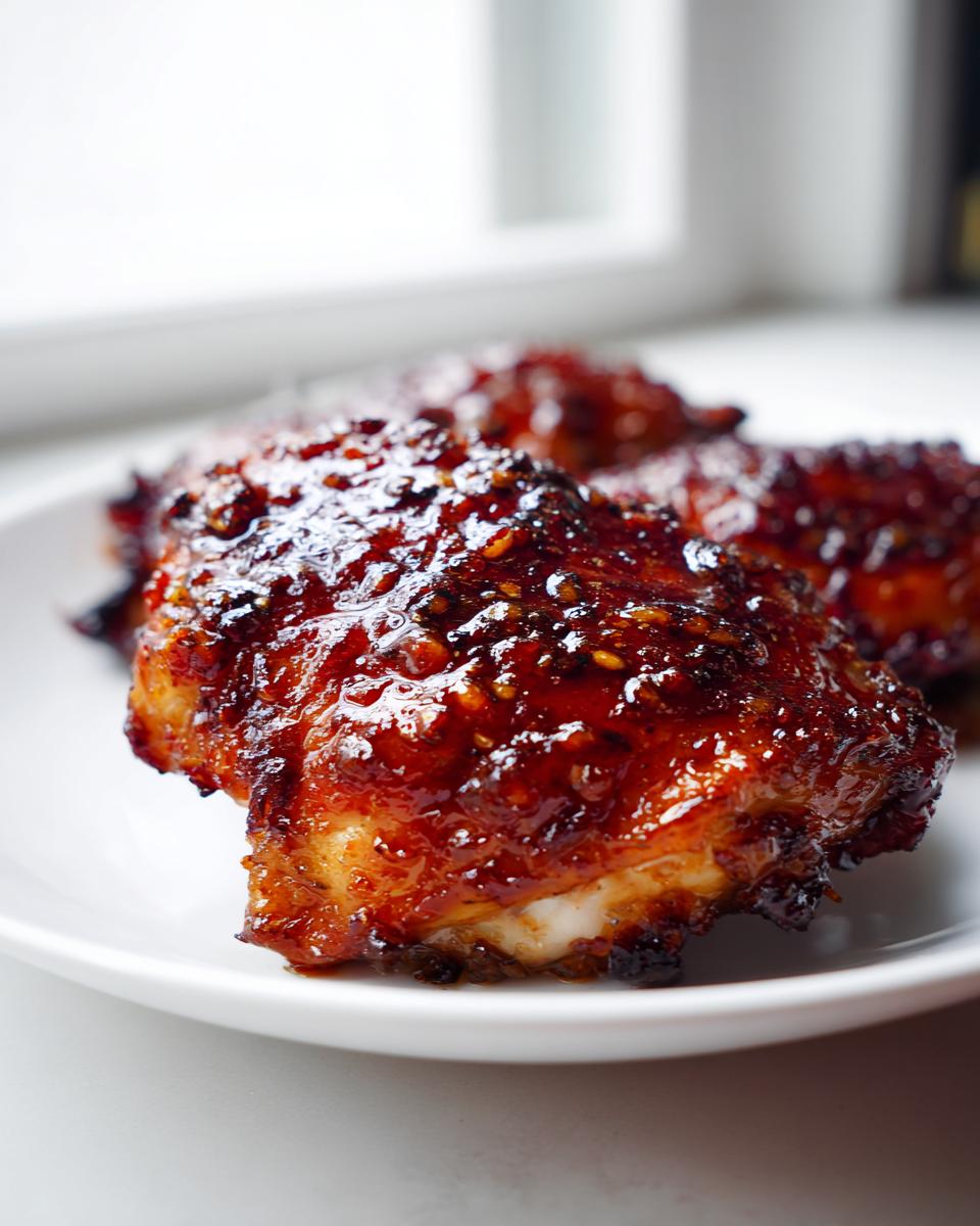Close-up of a piece of juicy honey garlic chicken coated in a thick, glossy, dark glaze with visible sesame seeds.