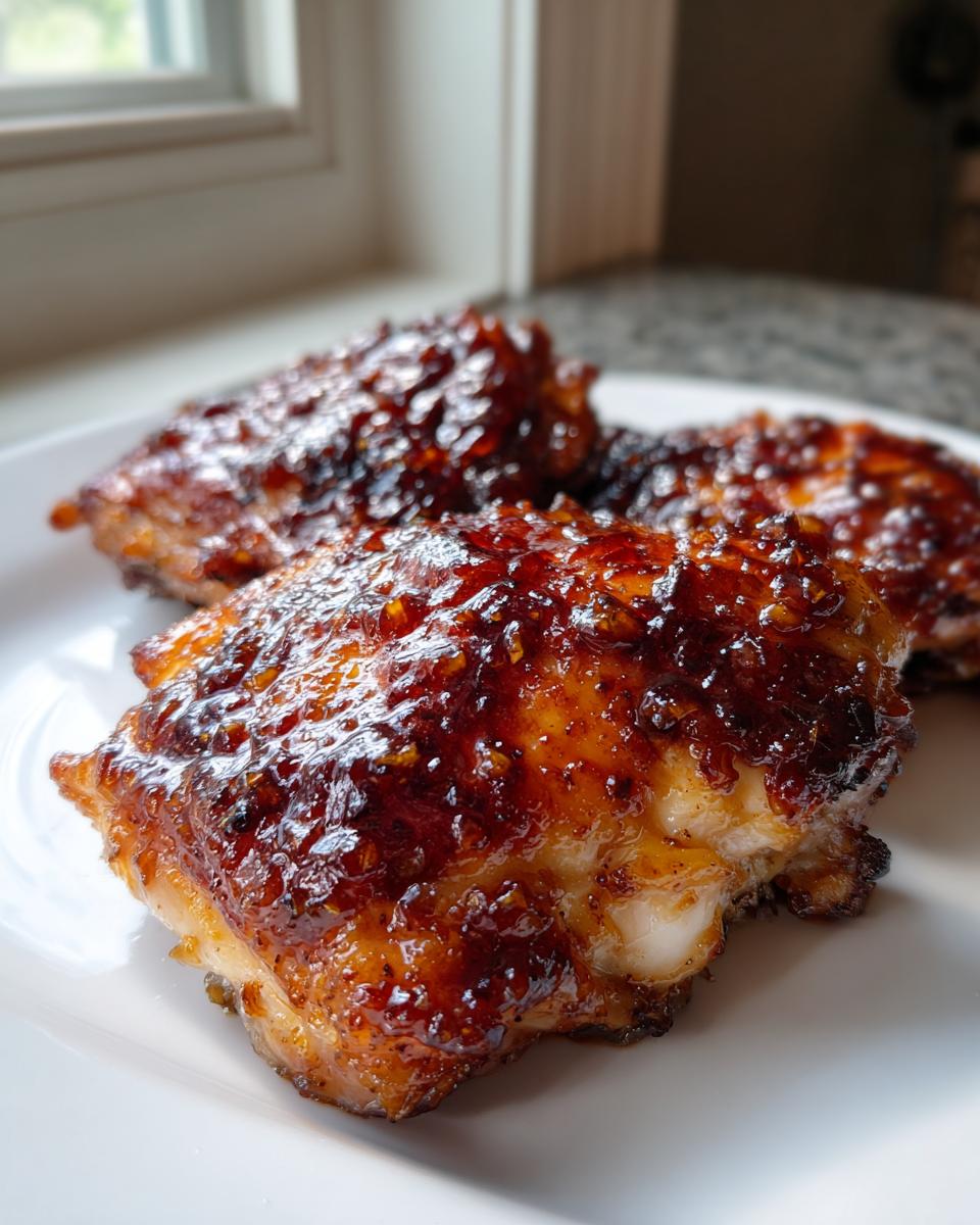 Close-up of three pieces of glazed honey garlic chicken thighs with a sticky, dark brown sauce.