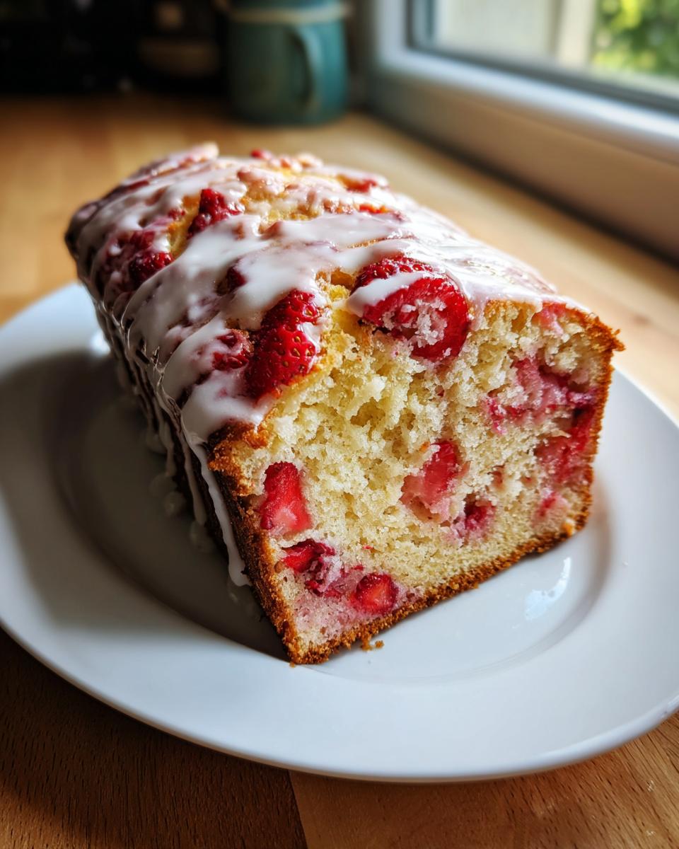 A freshly baked loaf of strawberry bread, drizzled with white glaze and packed with bright red strawberries.