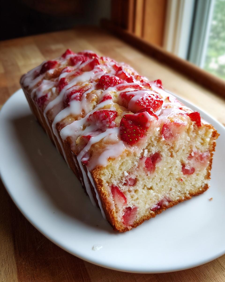 A freshly baked loaf of strawberry bread topped with sliced strawberries and a white glaze, resting on a white plate.