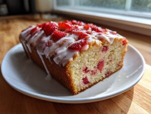 A slice of moist strawberry bread topped with fresh strawberries and a white glaze, resting on a white plate.