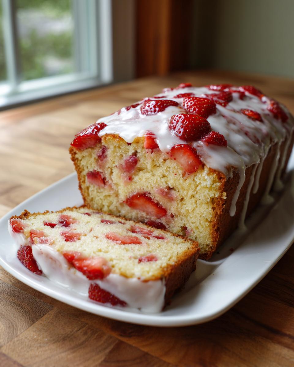 A freshly baked strawberry bread loaf, drizzled with white glaze and topped with fresh strawberries, with one slice cut.