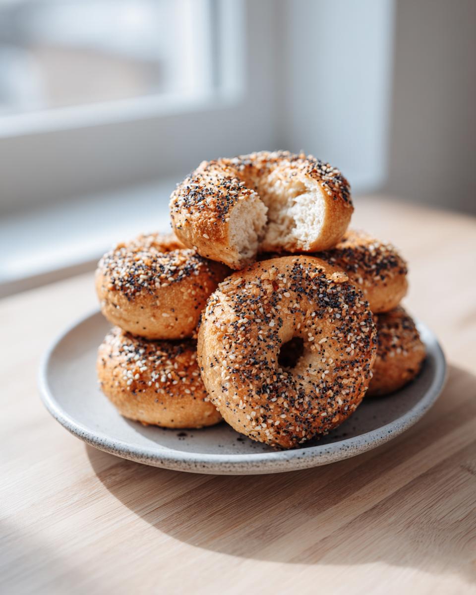 A stack of golden brown everything bagels, including greek yogurt bagels, piled on a speckled plate near a window.