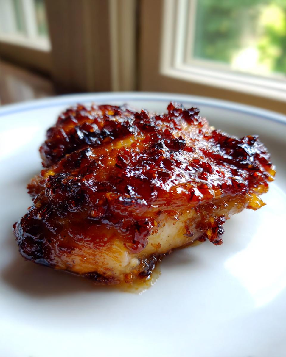 A close-up of a piece of honey garlic chicken with a thick, caramelized, dark amber glaze on a white plate.