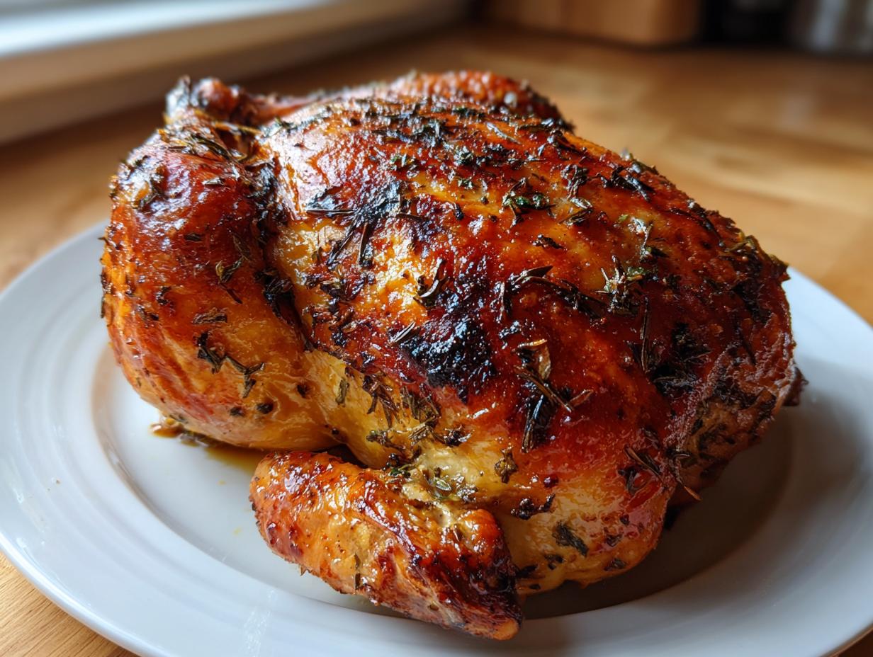 A perfectly roasted whole chicken with crispy, golden-brown skin seasoned with herbs, resting on a white plate.