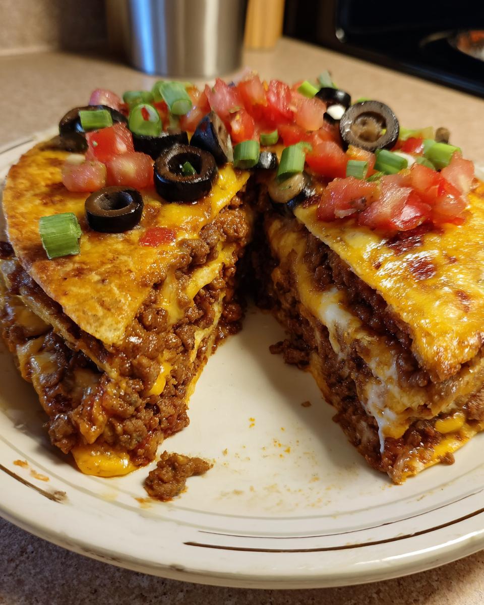 A cross-section view of a layered mexican pizza showing ground beef, melted cheese, and topped with fresh tomatoes, olives, and green onions.