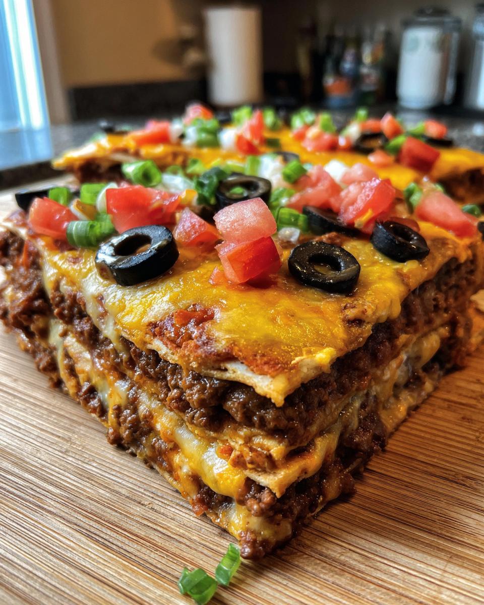 Close-up of a layered slice of mexican pizza showing ground beef, melted cheese, tomatoes, olives, and green onions.