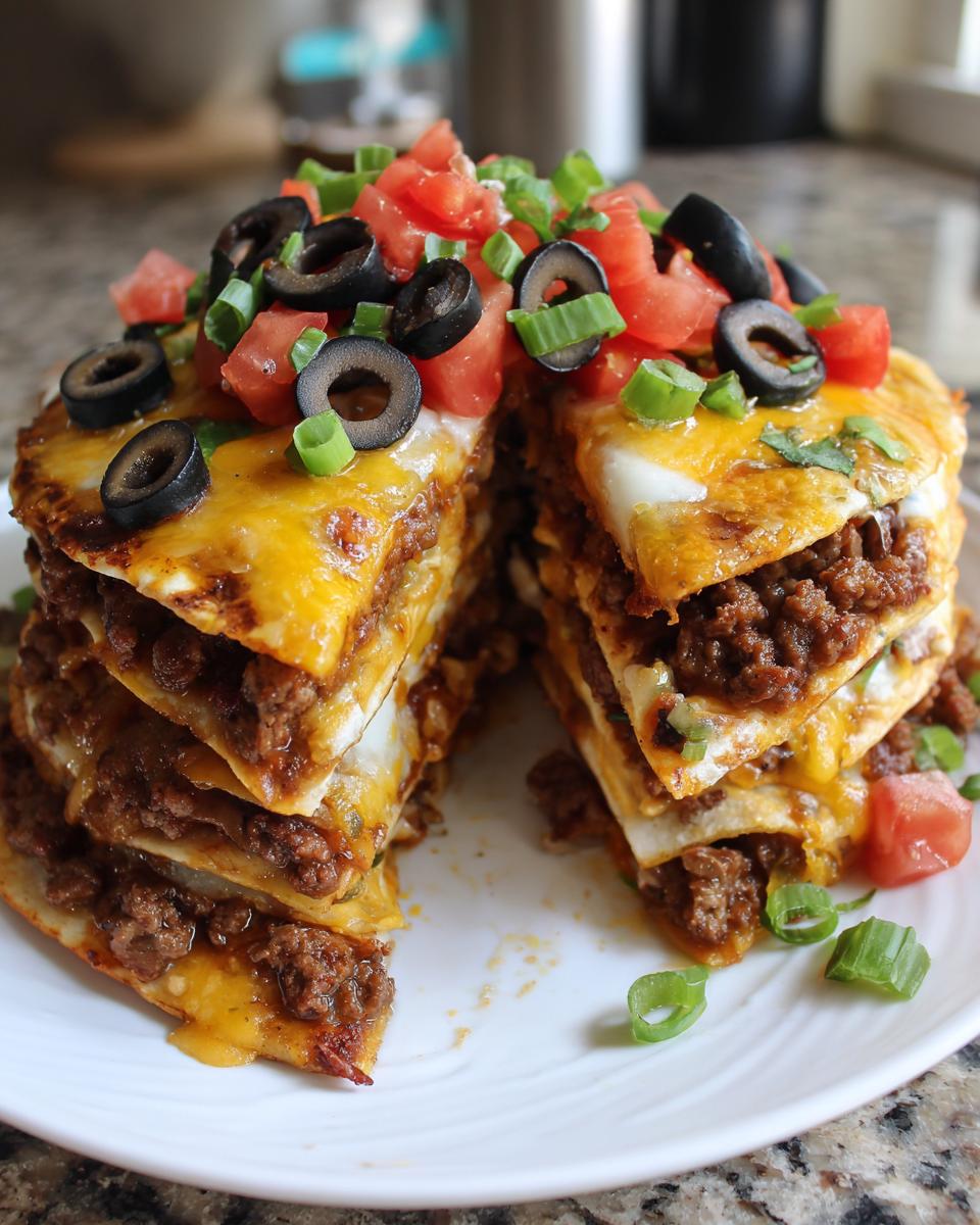 A tall, layered stack of homemade mexican pizza cut in half, topped with melted cheese, tomatoes, olives, and green onions.