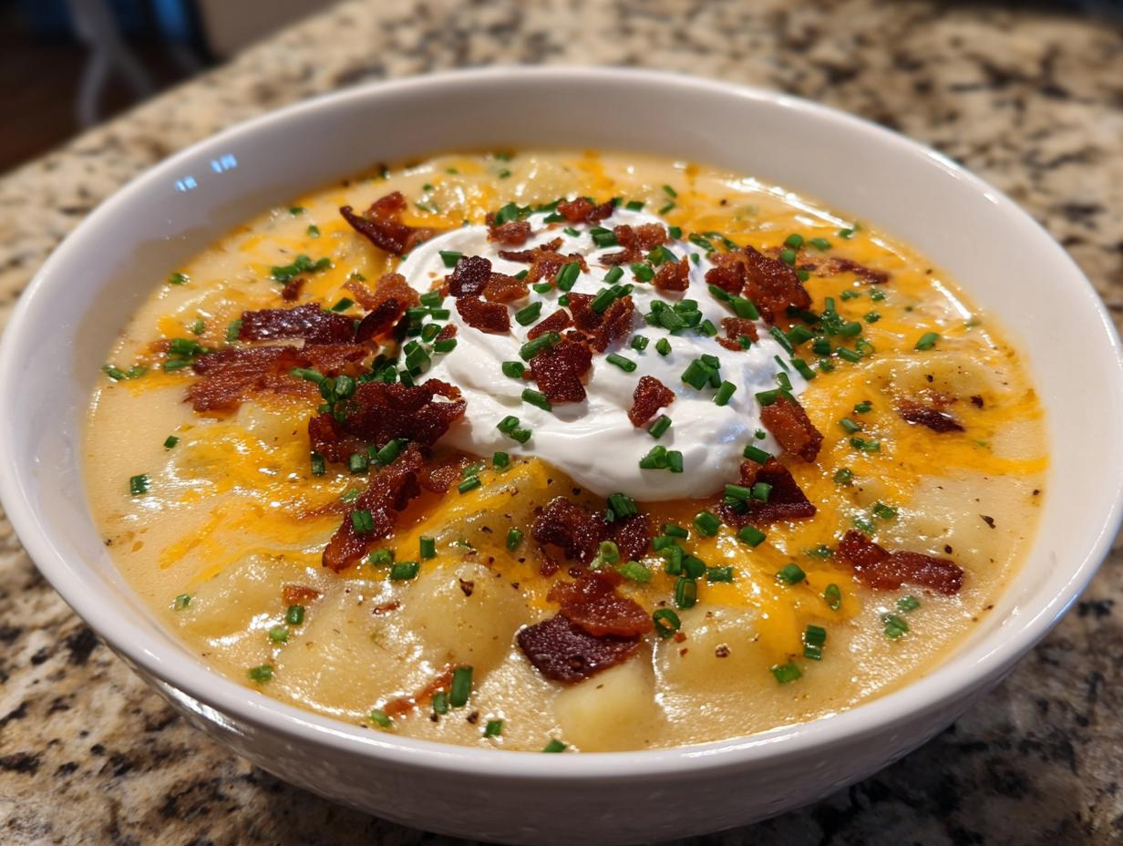 A close-up of a hearty bowl of amazing potato soup recipe topped with sour cream, bacon, and chives.