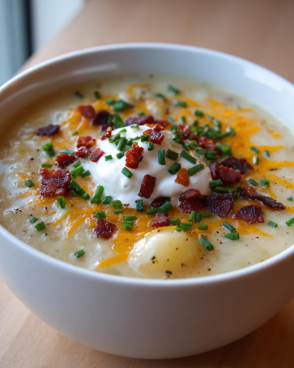 Close-up of a white bowl filled with creamy potato soup recipe, topped with sour cream, bacon, cheese, and chives.
