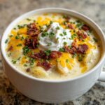 Close-up of a hearty bowl of potato soup recipe topped with melted cheddar, bacon, sour cream, and chives.