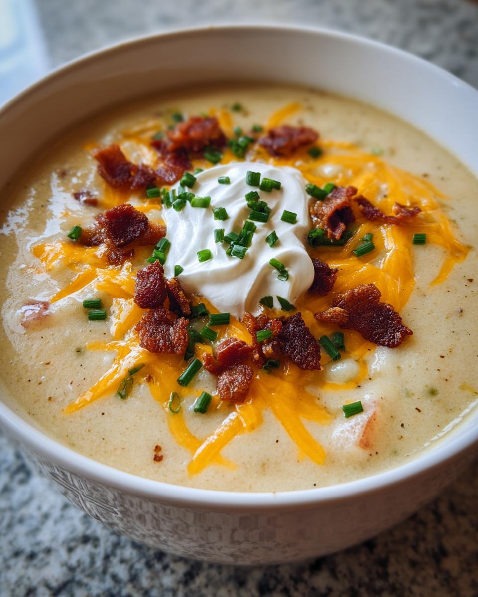Close-up of a creamy bowl of potato soup recipe topped with shredded cheddar, bacon bits, sour cream, and chives.