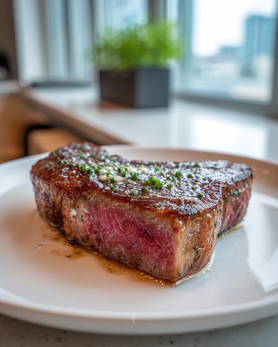 Close-up of a thick, perfectly seared medium-rare tuna steak topped with herbs on a white plate.