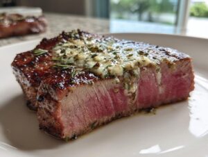 Close-up of a thick, seared tuna steak cooked medium-rare, topped with melting herb butter.
