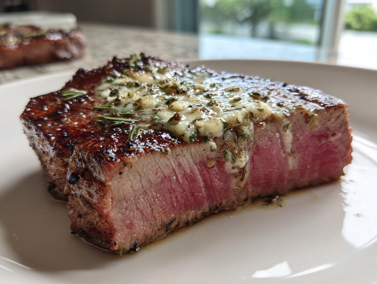 Close-up of a thick, seared tuna steak cooked medium-rare, topped with melting herb butter.