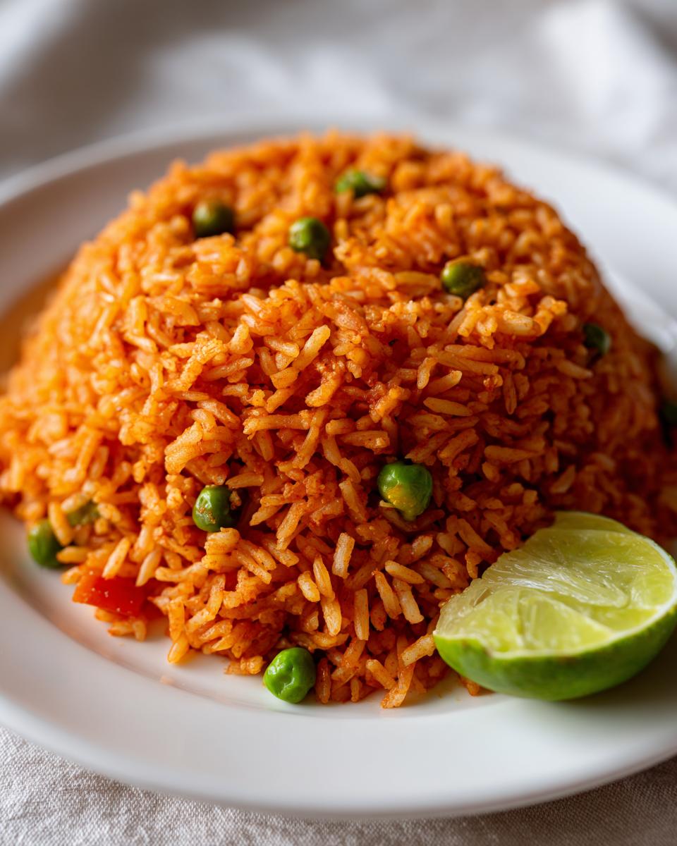 A mound of vibrant orange Mexican rice recipe, studded with green peas, served on a white plate with a lime wedge.