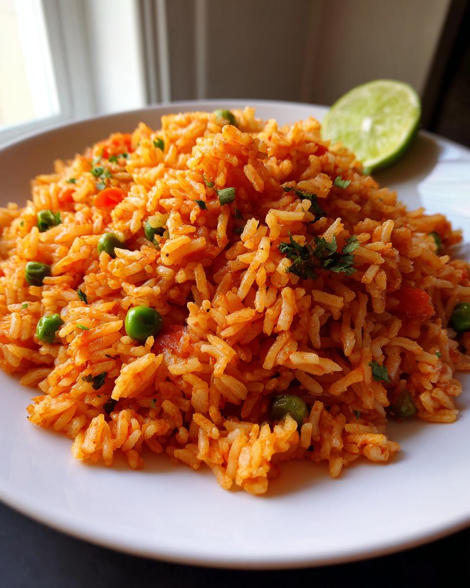 A close-up of fluffy, orange-tinted Mexican rice mixed with green peas and cilantro, served on a white plate with a lime wedge.
