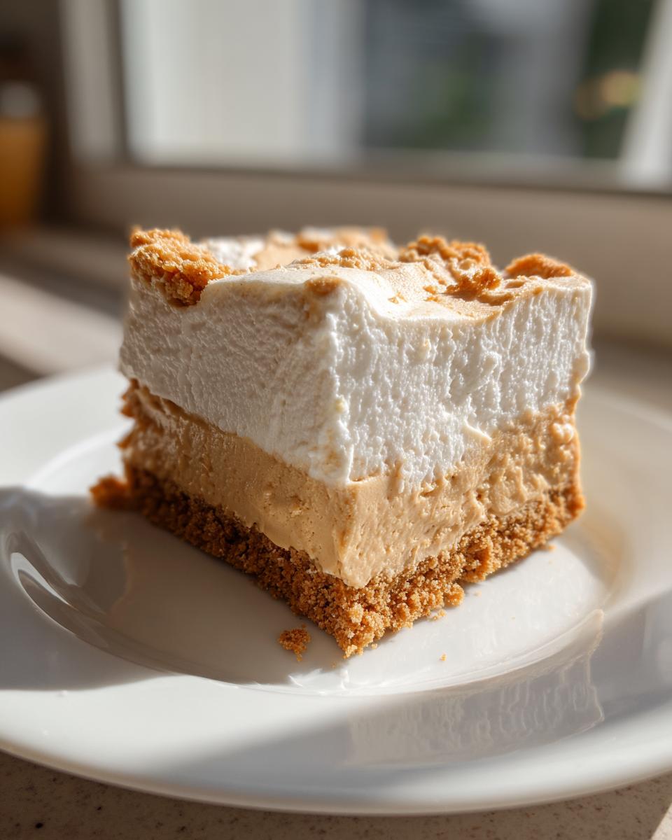 A square slice of no bake peanut butter pie showing three distinct layers: crust, peanut butter filling, and white topping.