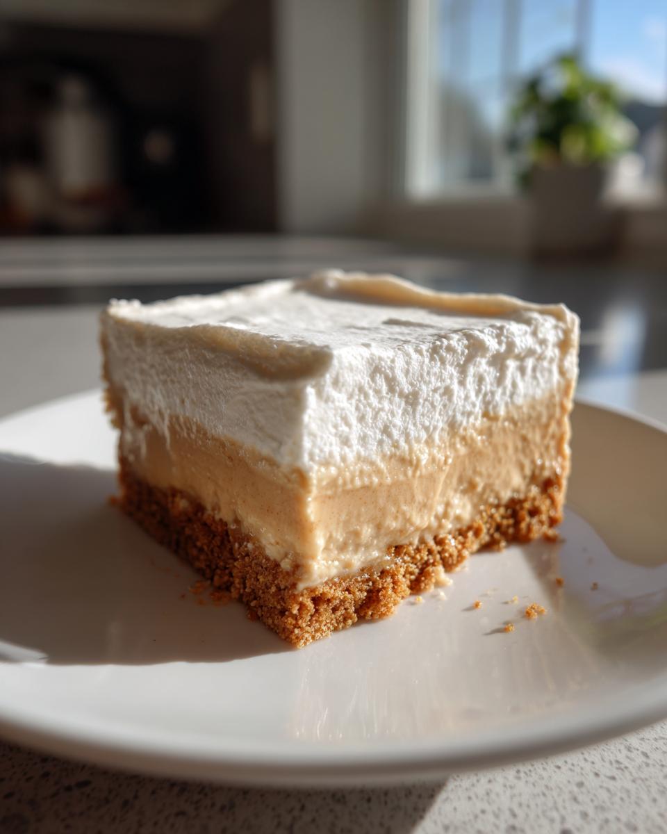 A square slice of no bake peanut butter pie showing graham cracker crust, creamy filling, and whipped topping, served on a white plate.