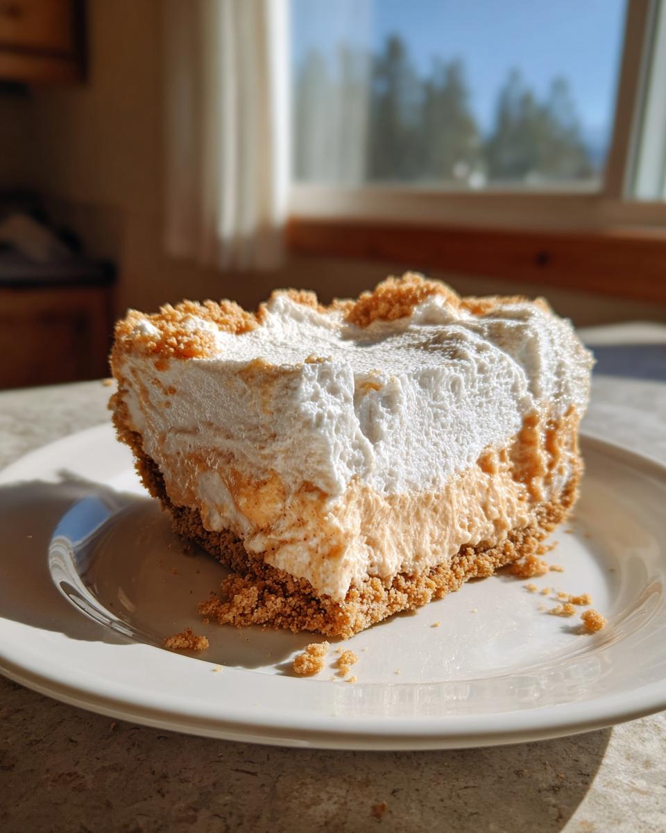 A generous slice of no bake peanut butter pie featuring a graham cracker crust, creamy filling, and fluffy topping.