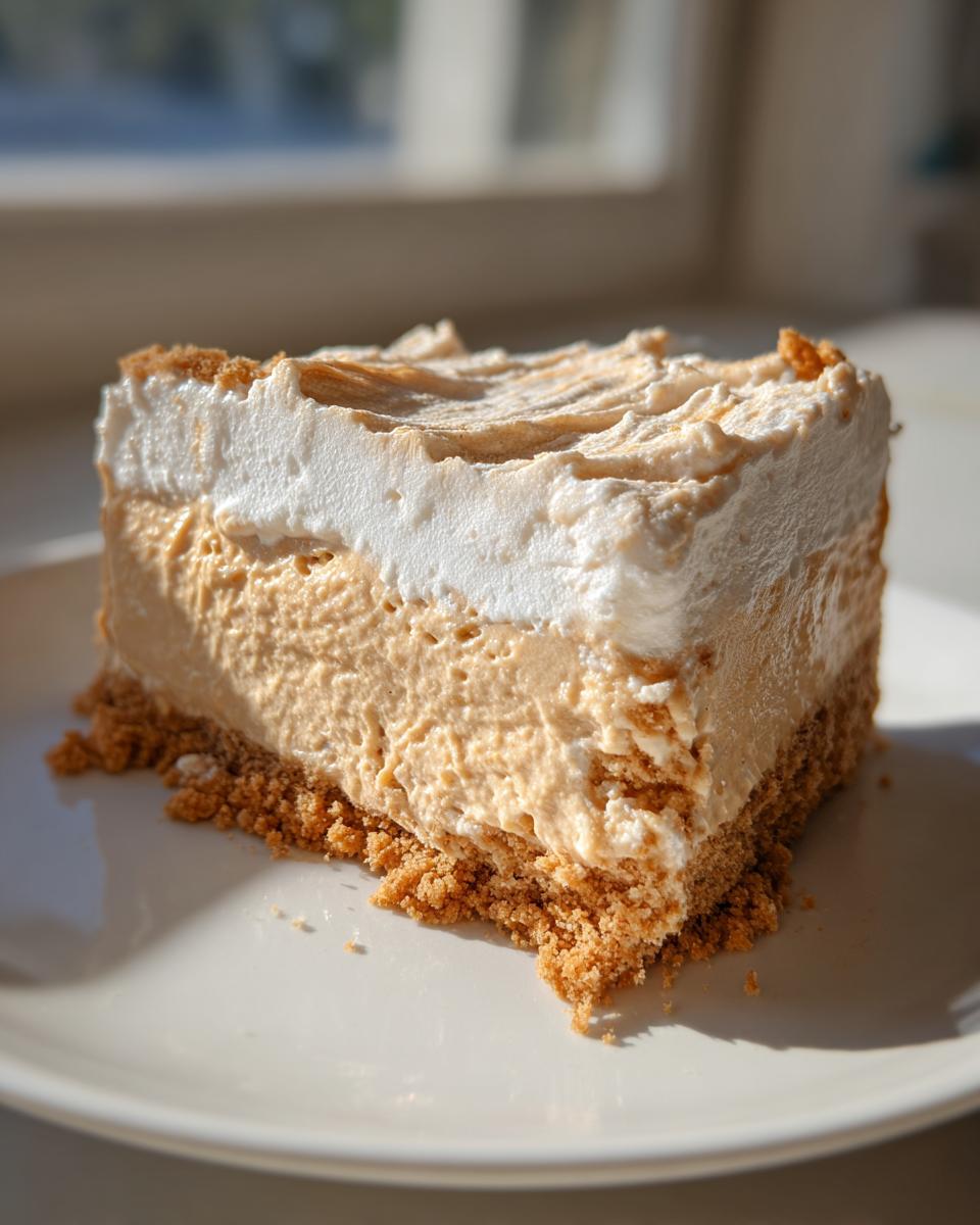 A thick slice of no bake peanut butter pie featuring a graham cracker crust, creamy filling, and toasted meringue topping.