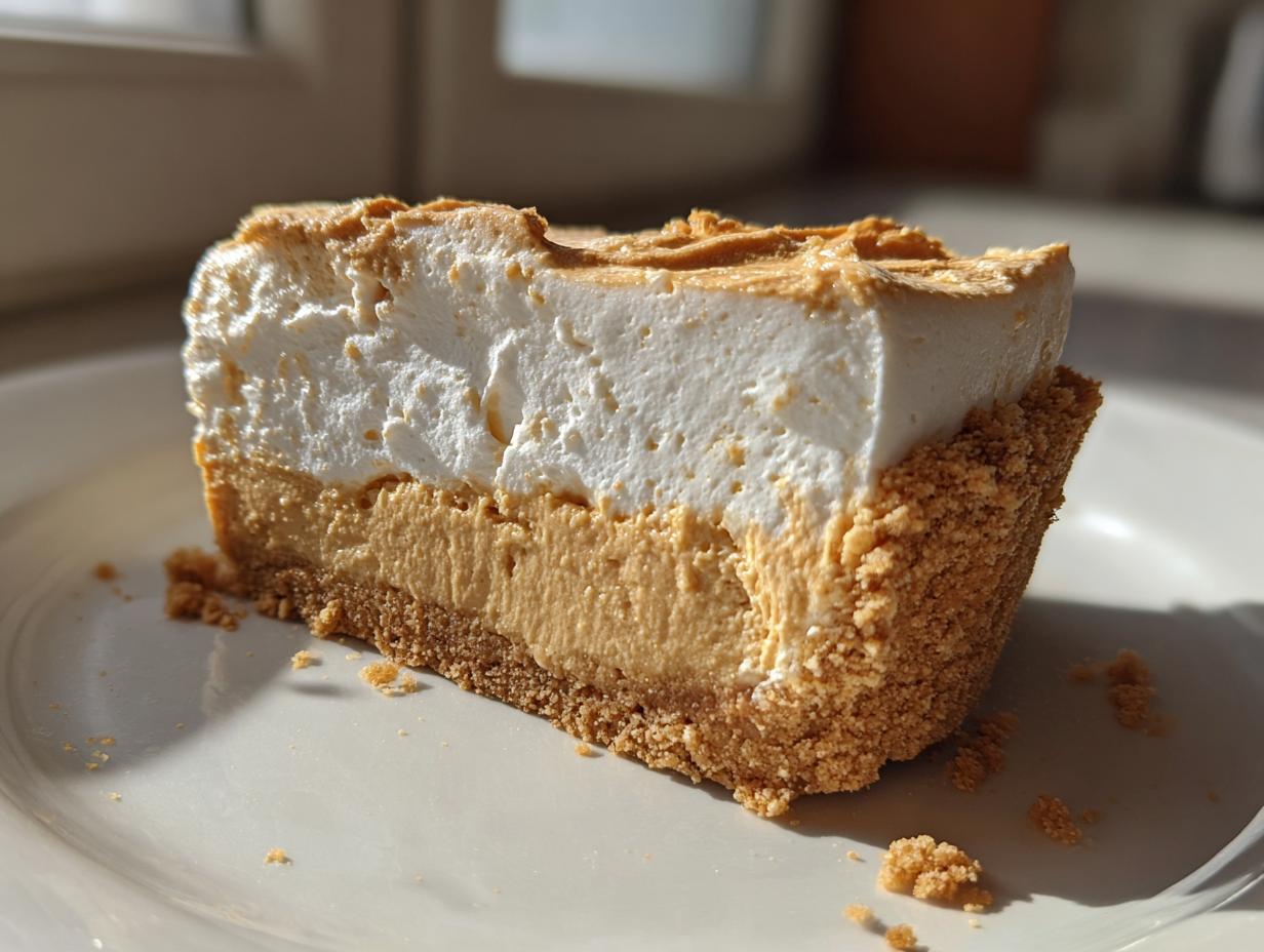A thick slice of no bake peanut butter pie showing a graham cracker crust, creamy peanut butter filling, and fluffy white topping.