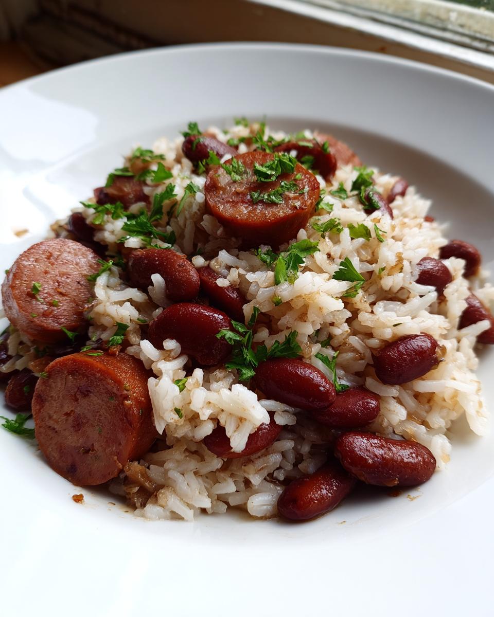Close-up of a white bowl filled with savory beans and rice mixed with sliced smoked sausage and topped with fresh parsley.