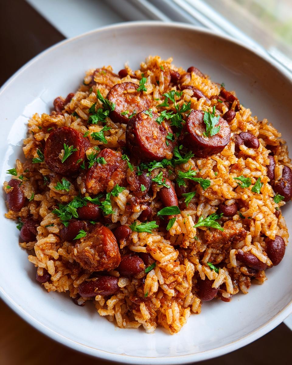 Close-up of a bowl of flavorful beans and rice mixed with sliced sausage and topped with fresh parsley.