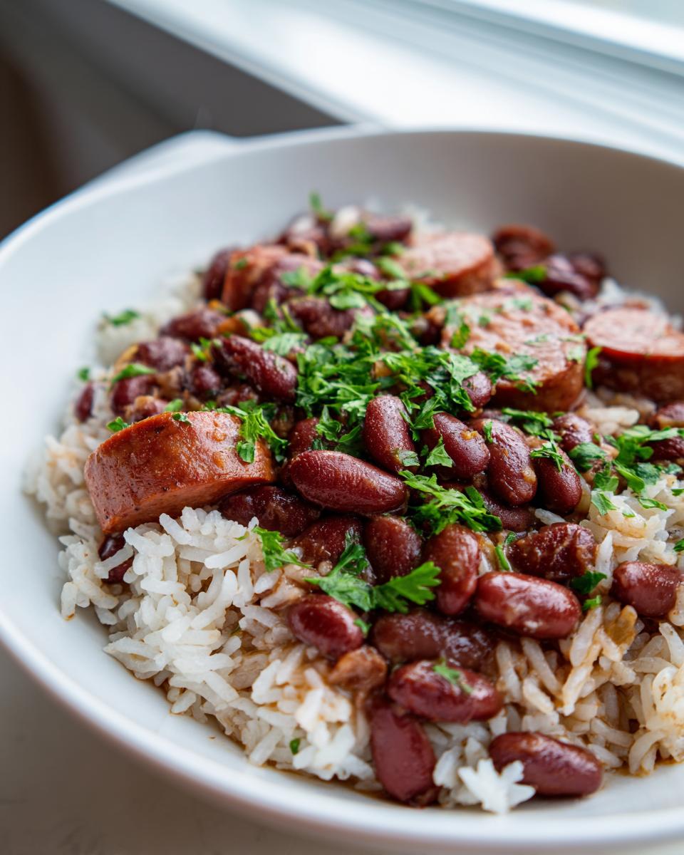 Close-up of a white bowl filled with savory beans and rice, topped with sliced sausage and fresh parsley.
