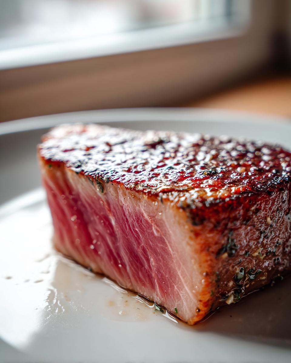 Close-up of a thick, perfectly seared tuna steak showing a deep red, medium-rare center.
