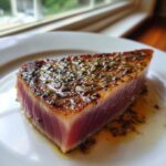 Close-up of a thick, perfectly seared tuna steak with a glistening herb crust, showing a rare, pink center.
