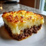 Close-up of a thick slice of cottage pie showing rich beef filling and golden, textured mashed potato topping.