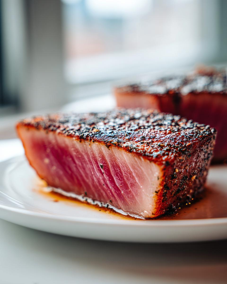 Close-up of a thick, perfectly seared tuna steak with a dark spice crust and rare pink center.