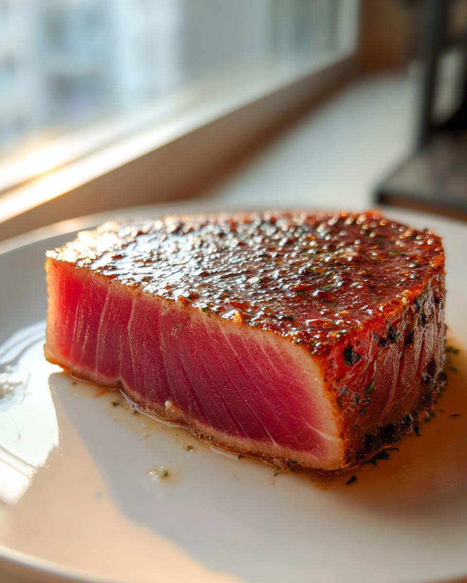 Close-up of a perfectly seared, rare tuna steak with a dark, seasoned crust resting in its juices on a white plate.