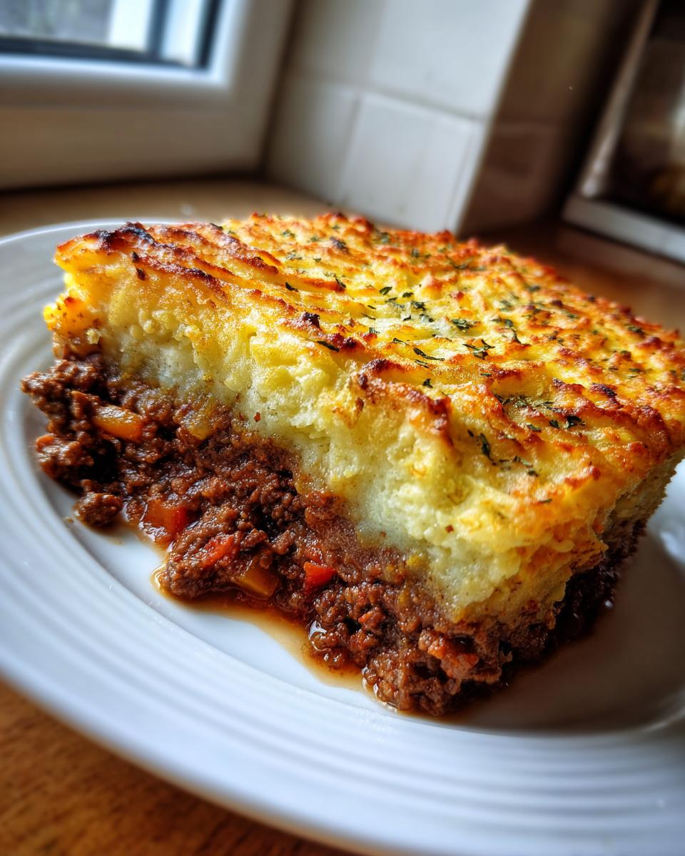 A close-up of a hearty slice of cottage pie showing rich beef filling and a golden, crispy mashed potato topping.