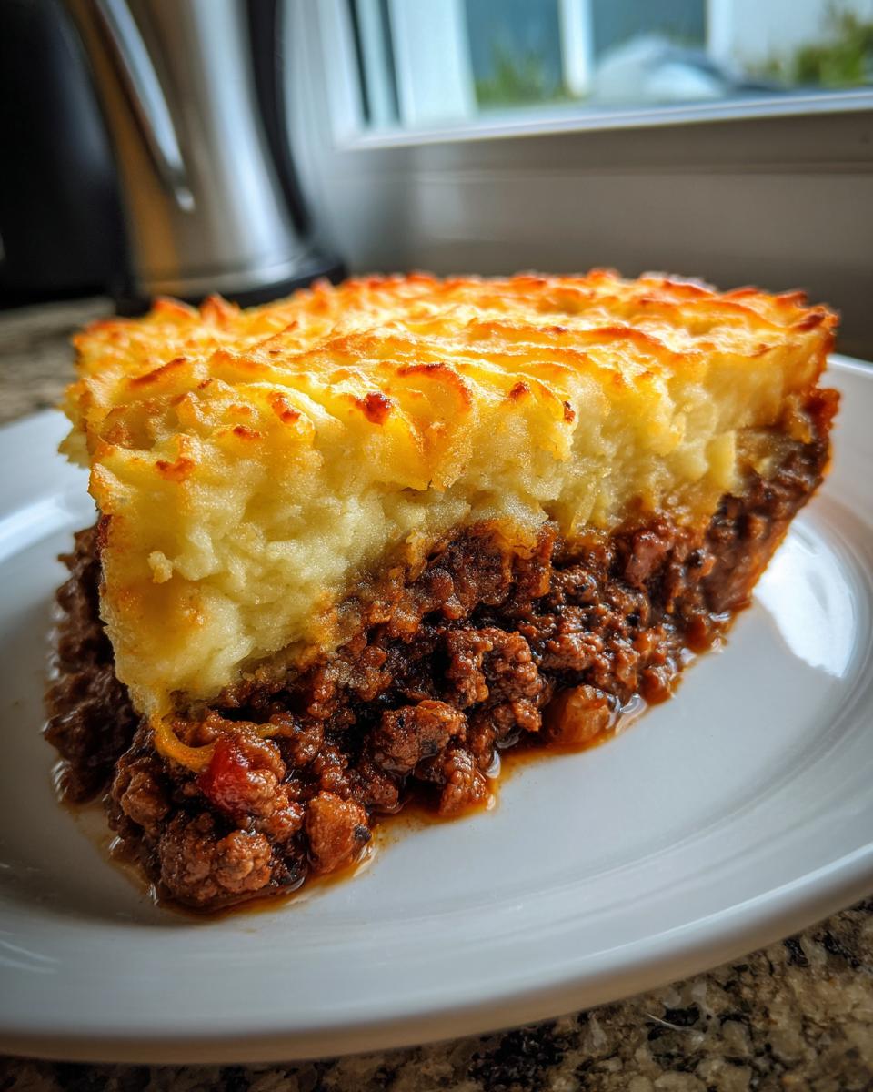 A thick slice of cottage pie showing rich beef filling topped with golden, crispy mashed potatoes.