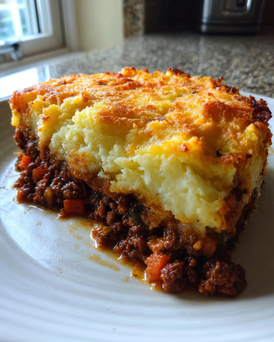 A close-up of a hearty slice of cottage pie showing rich beef filling and a golden, crispy mashed potato topping.