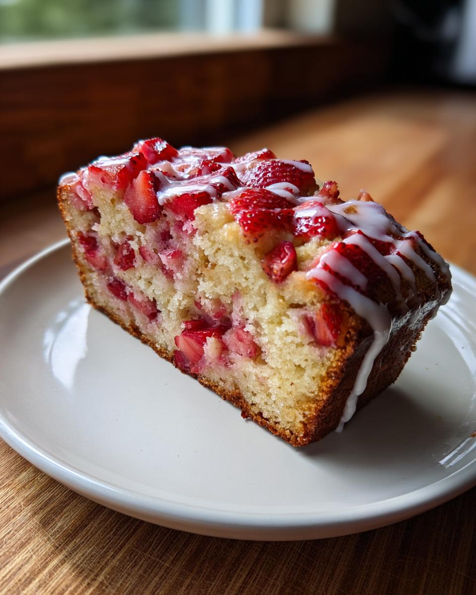 A moist slice of homemade strawberry bread, studded with fresh strawberries and topped with a white vanilla glaze.