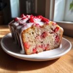 A moist slice of homemade strawberry bread topped with a thick vanilla glaze and fresh strawberries.