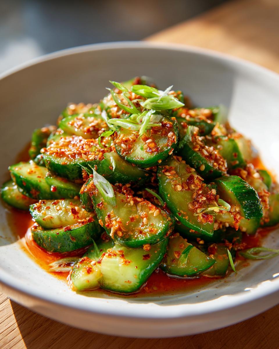 Close-up of vibrant asian cucumber salad slices coated in chili flakes and sesame seeds, garnished with scallions.