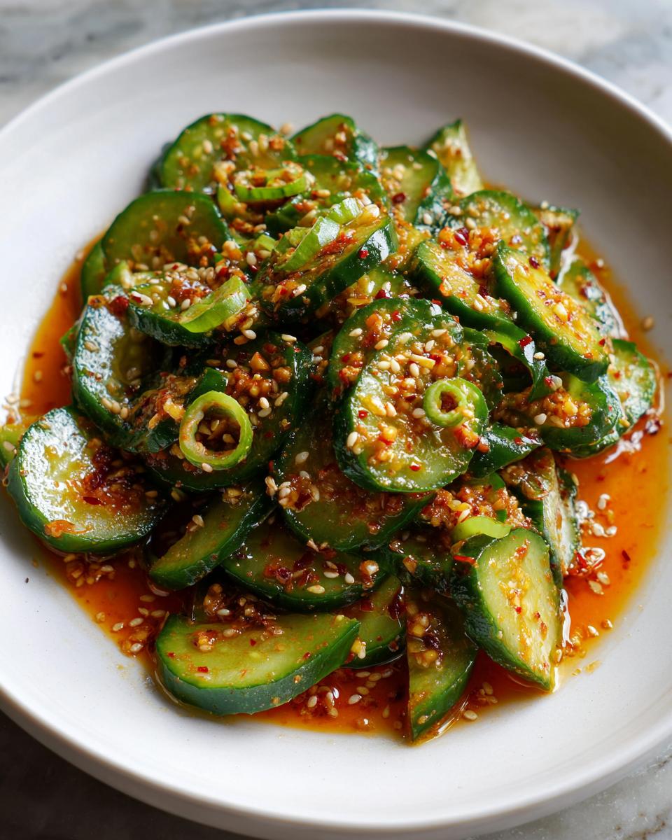 Close-up of vibrant asian cucumber salad slices tossed in chili oil, sesame seeds, and green onions.