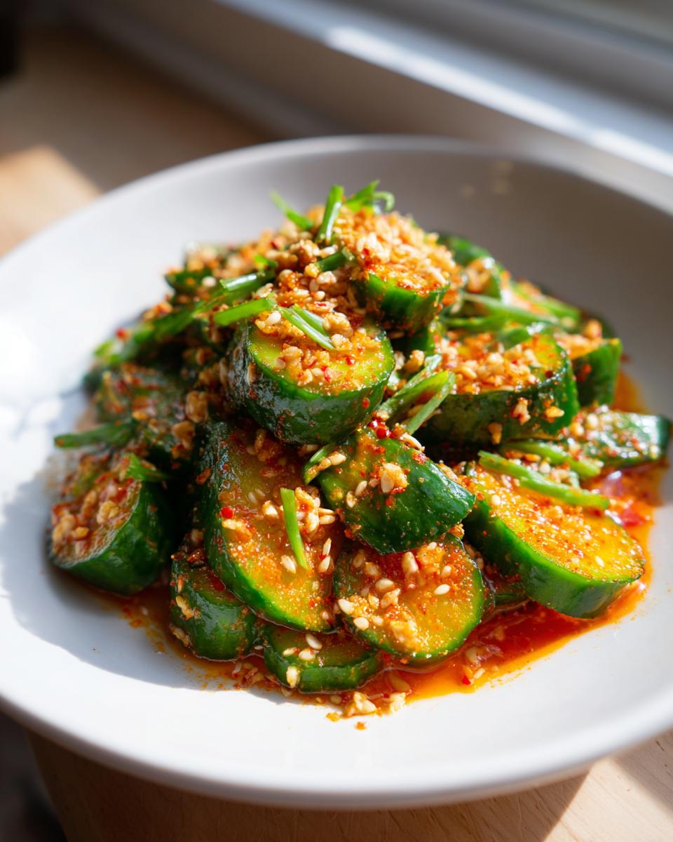Close-up of vibrant Asian cucumber salad slices coated in chili oil, sesame seeds, and green onions.