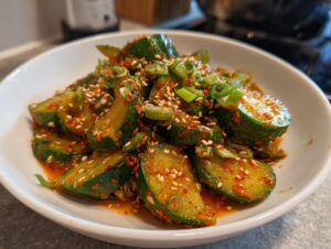 Close-up of vibrant Asian cucumber salad featuring thick-cut cucumbers coated in spicy red sauce, topped with sesame seeds and green onions.