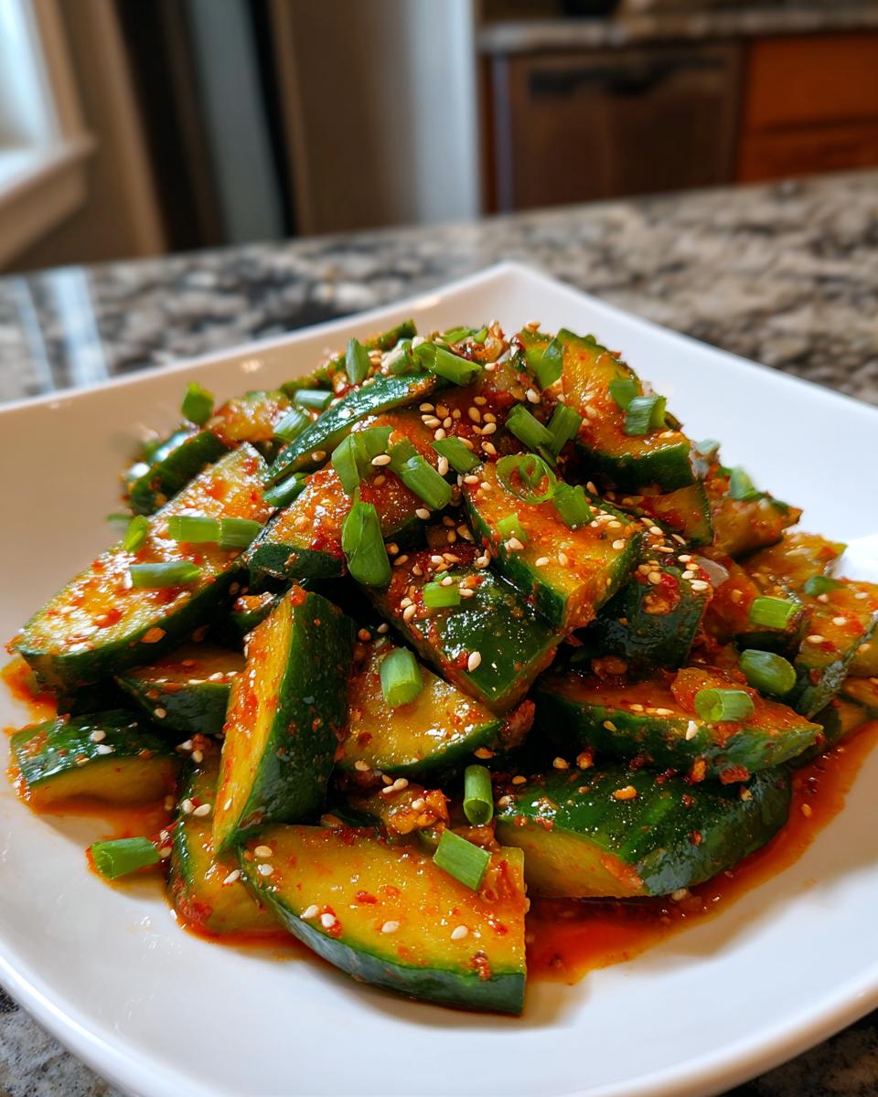 Close-up of vibrant Asian cucumber salad, featuring thick-cut cucumbers coated in spicy red sauce, topped with sesame seeds and green onions.