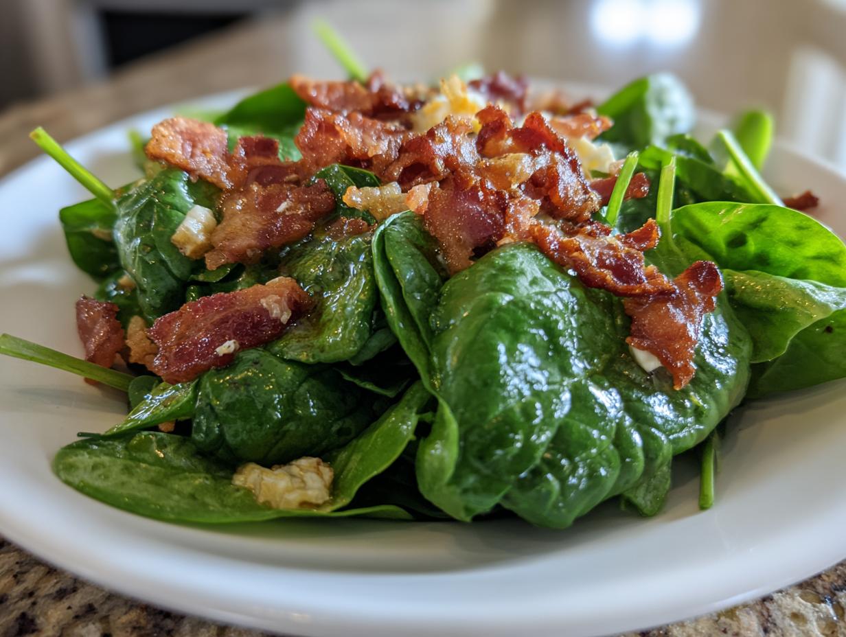Close-up of a vibrant spinach salad topped generously with crumbled, crispy bacon pieces.
