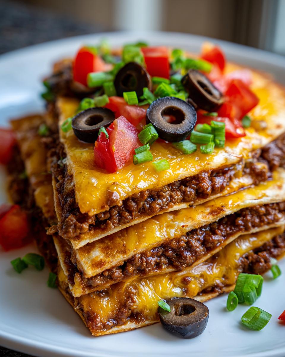Close-up of stacked layers of amazing mexican pizza with seasoned beef, melted cheese, tomatoes, olives, and green onions.