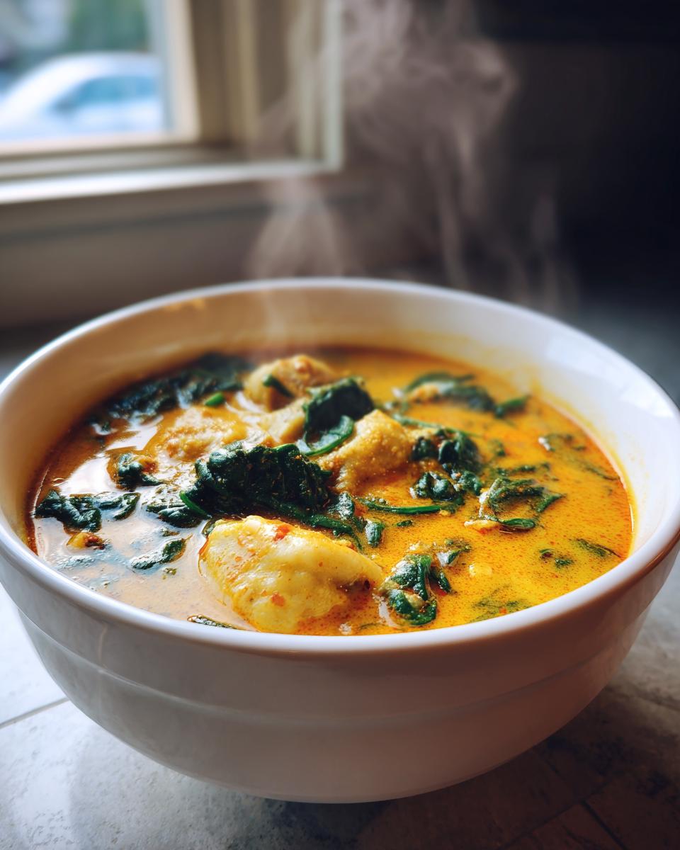 A close-up of a steaming white bowl filled with rich, orange coconut curry soup with dumplings and wilted spinach.