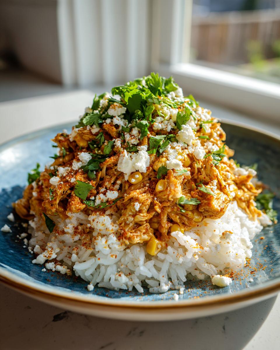 Close-up of a street corn chicken rice bowl featuring shredded chicken, corn, white rice, crumbled cheese, and cilantro.