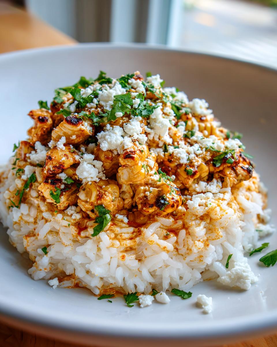 A close-up of a street corn chicken rice bowl featuring white rice topped with seasoned chicken and corn, cotija cheese, and cilantro.