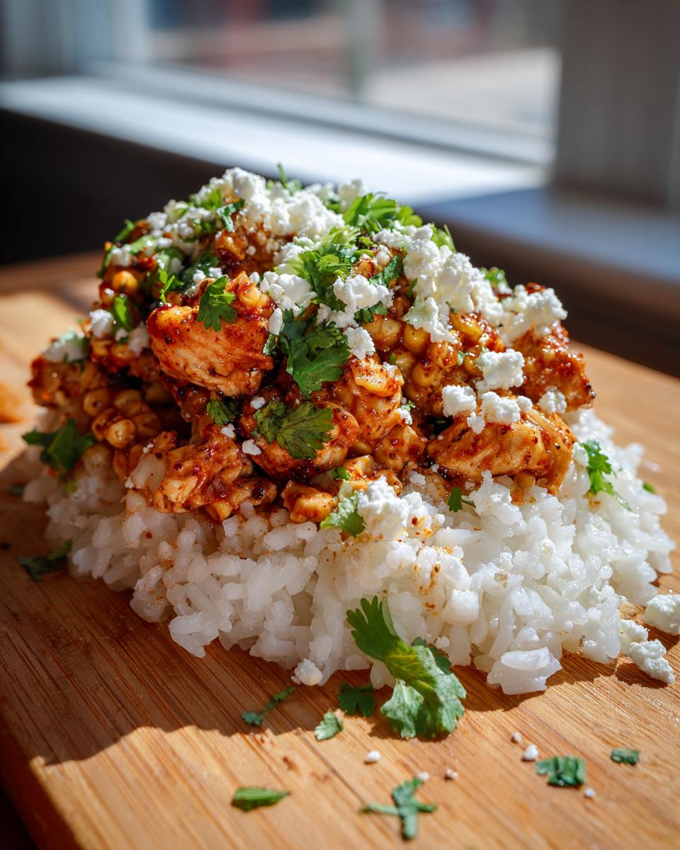Close-up of a street corn chicken rice bowl featuring seasoned chicken and corn over white rice, topped with crumbled white cheese and fresh cilantro.